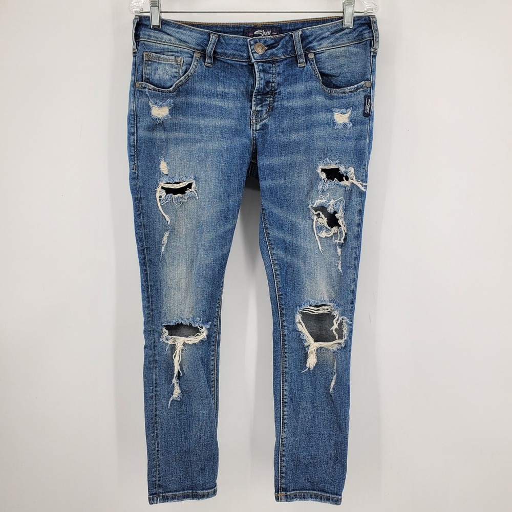 Silver Jeans Co‎ Kenni Slim Boyfriend Fit Distressed Denim Jeans Size 28x27